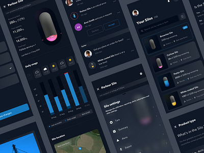 Silos Feed Management Mobile App 3d analytics appdesign clean colors dark theme detail glassmorphism graph icon illustration minimal mobile app notification silo statistics tracking ui ux