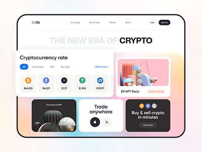 BitOk - Web Design for Сrypto Exchange 3d 3d design 3d in design binance bitcoin clean colors crypto cryptocurrency exchange design for crypto minimal nft nft marketplace ui ui design