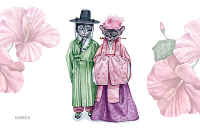 Wedding traditional costume | Korea wedding animal animation cat design draw illustration korea pet pets watercolor watercolor art wedding