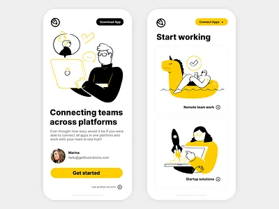 Startup app illustrations business character creative flat gusto holiday illustration interface line modern outline people startup success team ui vector website work yellow