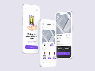 Quari-NFT application bitcoin blockchain clean crypto cryptocurrency doge coin eth interface ios app minimalist mobile app mobile app design mobile ui nft nft app place bid popular design ui design ui ux design