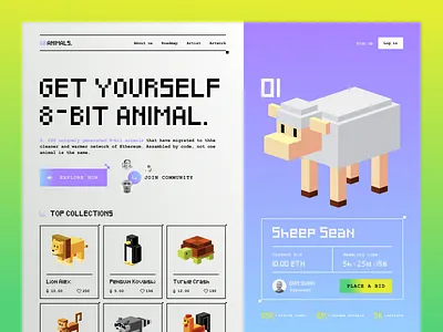 8–Bit Animals — NFT Landing Page animals art crypto cryptoart design ecommerce ethereum landing landing page marketplace nft pet pixel pixelart shop trend ui uiux ux web