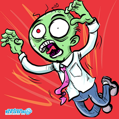 Attacking zombie office worker cartoon character humour illustration