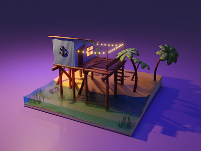 fisherman's hut 3d beach blender blender3d fish game game art graphic design home illustration isometric light lowpoly palm tree pirates render sea texture wood