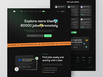 Loker ~ Job finder landing page design clean dark mode design freelance platform home page job finder job finder website job website landing page minimalist website ui uiux design user interface ux web design website