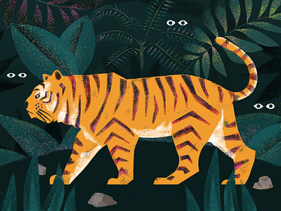 Eye Spy a Tiger brushes contrast dark eyes green illustration jungle leaves orange pink rocks stripes texture tiger trees vines yellow.