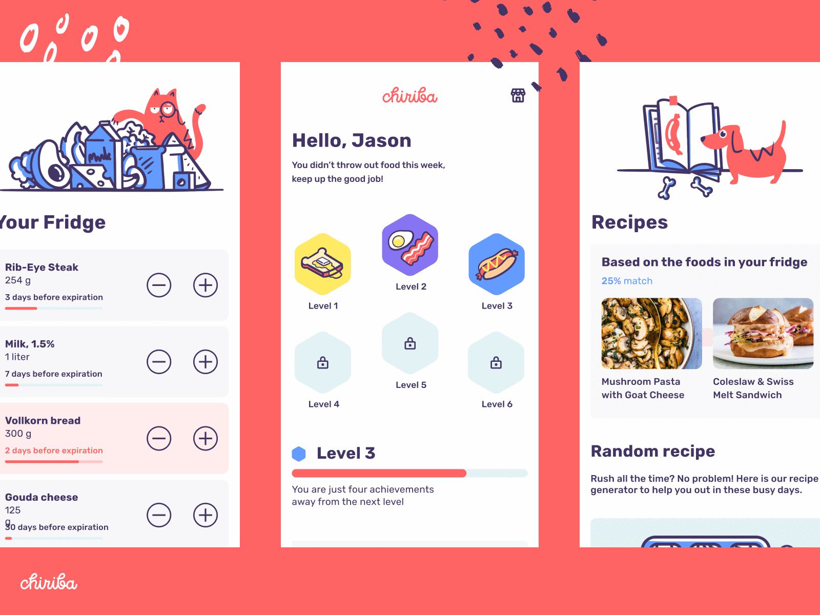 Chiriba app - sustainable recipes app branding design food illustration recipe sustainability ui ux waste