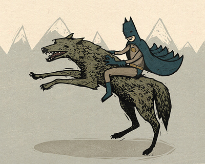 Batman & Gmork batman gmork illustration linoleum wolf woodcut