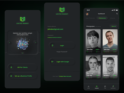 United Market - Mobile App UX/UI Design black classic clean dark dashboard design green mobile app modern neumorphism splash ui ui design