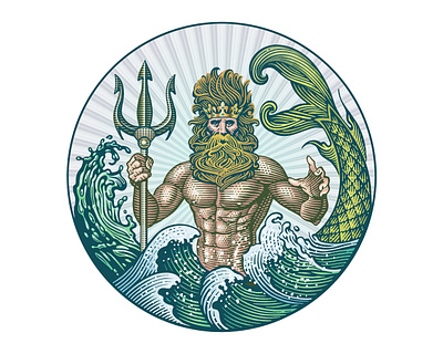 Neptunas Rex illustration merman neptune poseidon roger xavier scratchboard trident woodcut