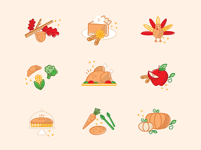 Friendsgiving Icons acorn apple carrot cinnamon fall fall leaves food holidays leaves pumpkin pumpkin pie thanksgiving turkey