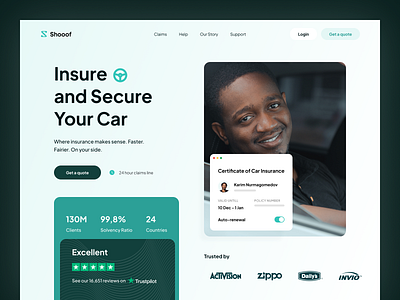 Shooof: Car Insurance Landing Page car car insurance clean hero section insurance interface landing page ui ui design user interface ux visual identity web web design web page website