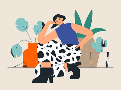 Cow print pants adobe illustrator character character design fashion girl illustration plant procreate sitting vector vector art woman