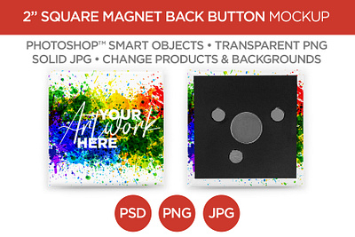 2" Square Magnet Back Button Mockup & Template 2 advertising branding button graphic design image jpg magnet marketing mockup photo photoshop picture png promotional psd square template