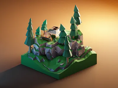 Wrecked Car in the Forest - low poly natural landscape 3d 3dart 3dillustration 3dmodeling blender car design diorama forest illustration isometric low poly lowpoly lowpolyart nature renders spruce stylized trees wood