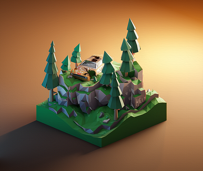 Wrecked Car in the Forest - low poly natural landscape 3d 3dart 3dillustration 3dmodeling blender car design diorama forest illustration isometric low poly lowpoly lowpolyart nature renders spruce stylized trees wood