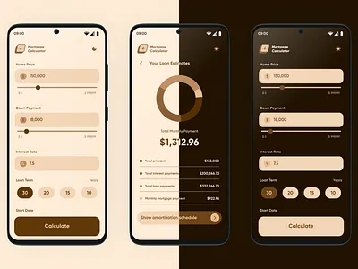 A Material You Mortgage Calculator App app design calculator dark mode dribbble figma finance app google design light mode material you minimal mobile mobile app mobile design mortgage product design ui uiux user experience user interface ux