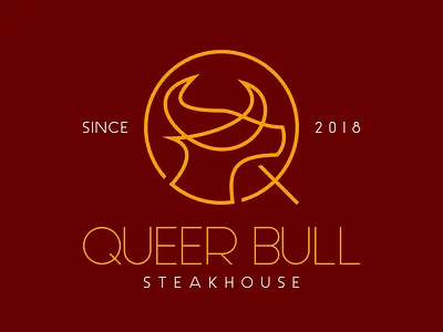 Queer Bull Logo bull bull line art bull lineart flat flat design gold line art line art logo lineart logo logo design orange red restaurant restaurant logo scribble scribble logo steakhouse typography yellow