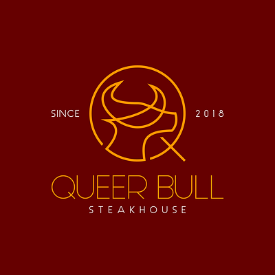 Queer Bull Logo bull bull line art bull lineart flat flat design gold line art line art logo lineart logo logo design orange red restaurant restaurant logo scribble scribble logo steakhouse typography yellow