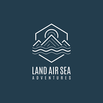 Land Air Sea Adventures Logo adventure adventure logo blue digital nomad flat design flat logo line art line art logo lineart lineart logo logo logo design mountains outdoor sun travel travel logo typography water white