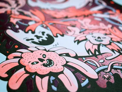 'Moonlight' risograph print close up a3 dope edgy flower fluorescent ghost illustration moon moonlight night night time print printmaking riso risograph shop small business smile spooky vector