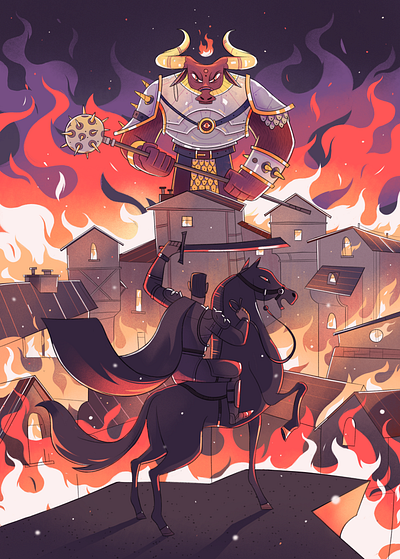 Knight 2d illustration character character design city fantasy fire flat ill illustration knight landscape warrior