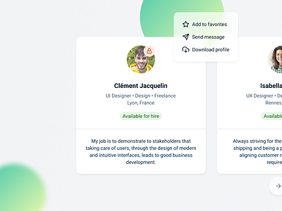 Browsing profiles avatar browe card city clean delete float interface layout minimalist modern name neumorphisme picture profile saas search status tooltip ui