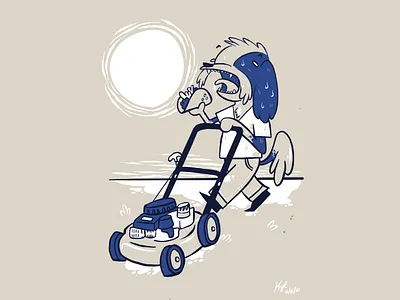 Dog, Taco, Blue, Mowing the Lawn ill illustration
