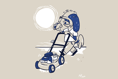 Dog, Taco, Blue, Mowing the Lawn ill illustration