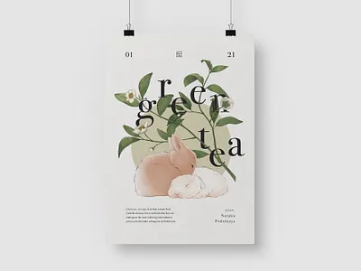 Green tea animals cute graphic design lettering poster rabbit tea