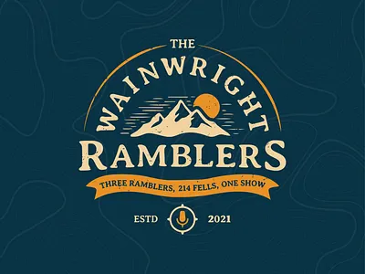 The Wainwright Ramblers Podcast Logo adventure badge brand identity branding crest explore flag icon identity illustration logo mark mountain negative space outdoors podcast ribbon sunrise topography type