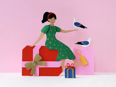 12 Days of Christmas - Two Calling Birds illustration paper art paper craft paper cut