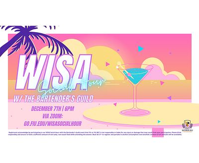 WISA Social Hour (Sunset) 80s aesthetic beach city citypop clouds gradient illustration light martini neon pink pop purple sea sky sun sunset tree vaporwave