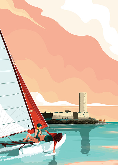 Escapades boat flat girls graphic illustration ocean sail sailing sea sport sunset vector