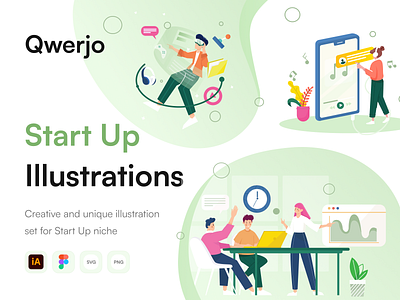 Qwerjo - Start Up Illustartion Kit 404 agency clean illustration company development graphic design group illustration innovation management marketing meeting men people process project rocket startup technology ui