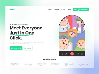 Meeto. Landing Page app branding design heropage herosection icon illustration landingpage logo meeting onlinemeeting typography ui ux vector