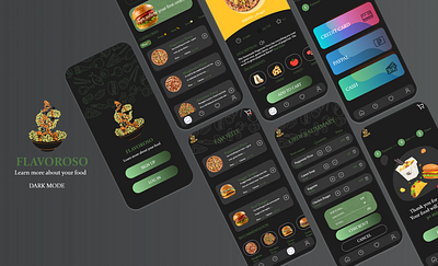 Flavoroso - Restaurant Menu Viewing App (Dark Mode) adobexd app design mobileapp storyapp ui uidesign ux uxcasestudy uxdesign