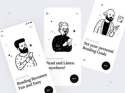 Reado Onboarding Experience animation app design app ui blackandwhite design illustration interaction minimal musemind musemindagency muzli onboarding reado splash splash screen trend 2020 ui ux walkthrough web design