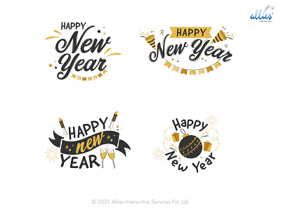 Happy New Year Set calligraphy celebration drink enjoy happy new year holiday typography wishes