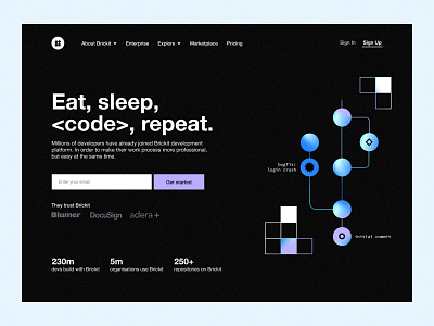 Brickit – Development Platform Hero dark mode design designer git gradient graphic design hero homepage illustration interface logo mesh gradient product design programming style exploration ui ux web website