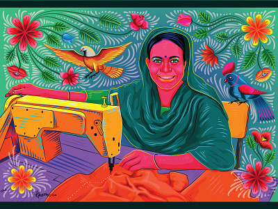 Bangladeshi Garment Worker bangladesh bangladeshi bangladeshi girl bird design digital rickshaw art floral design flower folk art folk illustration garment worker illustration painting pop art popular culture of bangla riksa art riksa painting traditional urban folk art vector art