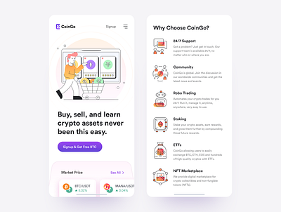 Crypto Exchange Mobile Landing Page - CoinGo business clean crypto design freelance icons illustration landing page mobile modern ui ux