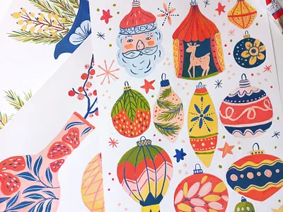 Some Festive Stuff art christmad drawing festive gouache hand drawn illustration painting tree ornaments vintage winter xmas