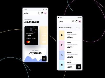 raise mobile app concept app balance banking charts credit card dashboard expenses mobile ui design ux design
