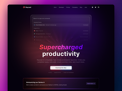 ✨ New Raycast website! app application clean clean ui dark dark ui design mac macos native raycast series a swift ui web website