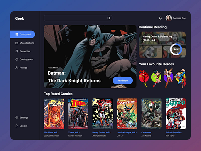 Comic Books Library animation batman cards comic books comics dashboard dc figma library literature marvel minimal read reader app spiderman superheroes uiux