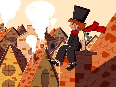 Chimney Sweep children chimney city cozy digital art houses illustration kidlit kids procreate rooftop scenery smoke