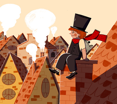 Chimney Sweep children chimney city cozy digital art houses illustration kidlit kids procreate rooftop scenery smoke