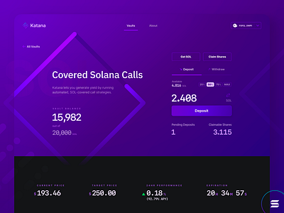 Katana Vault UI - Dark Mode, Desktop bitcoin branding call crypto cube dark ethereum gradient hero katana landing market money sol solana strategy trade