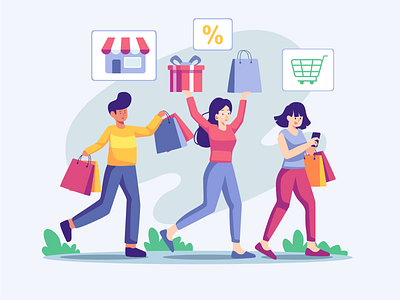 People Shop Happily & Enjoy Sale Flat Illustration branding business buy customer deal design discount event excitement flat happy header illustration illustration mall marketing sale ui ui design vector web